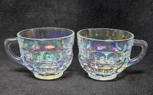 Vintage Federal Glass Iridescent Rainbow Glass Punch Teacups Pair of 2